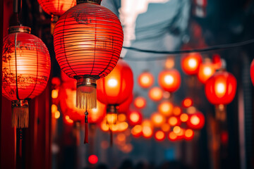 Vibrant Red Chinese Lanterns at Night Festival