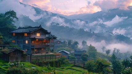Obraz premium A traditional wooden house nestled in a misty mountain valley at sunrise.