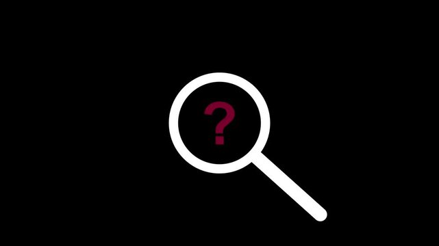 magnifying glass and a question mark animation on black background.