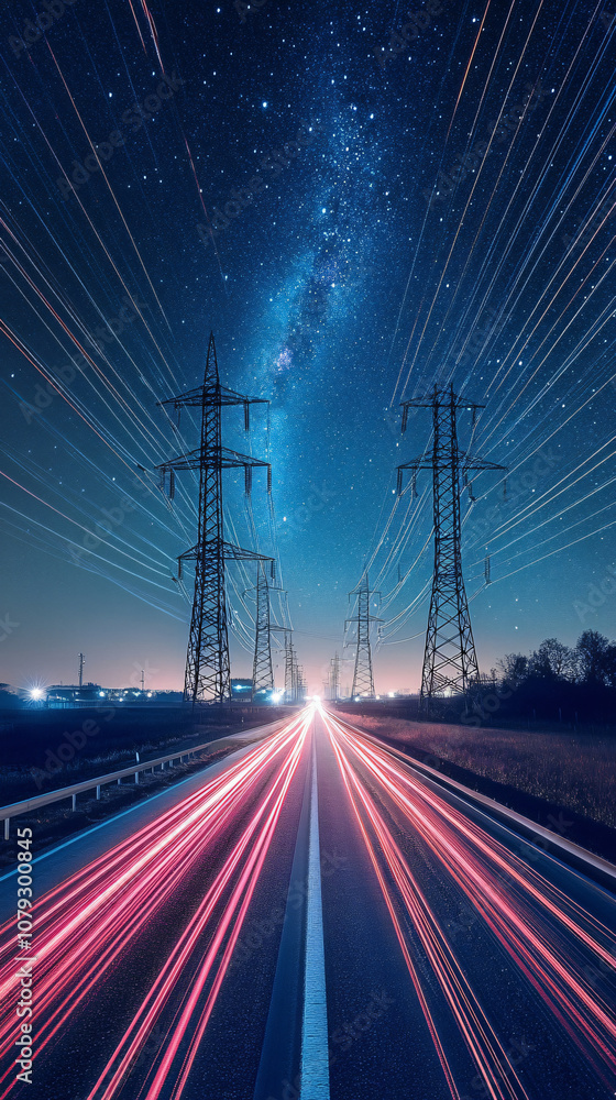 Poster empty road illuminated by light trails leading to power lines under a starry night sky with the milk