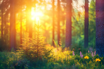 Obraz premium Golden sunlight bathes a serene forest, illuminating delicate wildflowers and towering trees