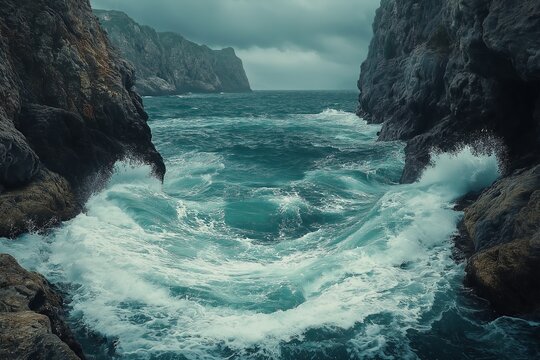 Ocean waves crashing on rocky coast under stormy sky