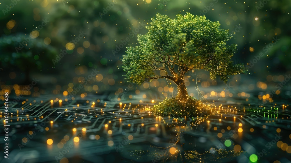 Poster a tree growing out of a circuit board, representing the connection between nature and technology.