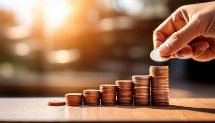 hand putting money coins stack growing saving money for finance accounting concept