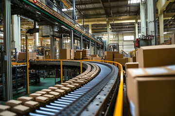 Conveyor Line with Cardboard Boxes Ready for Distribution