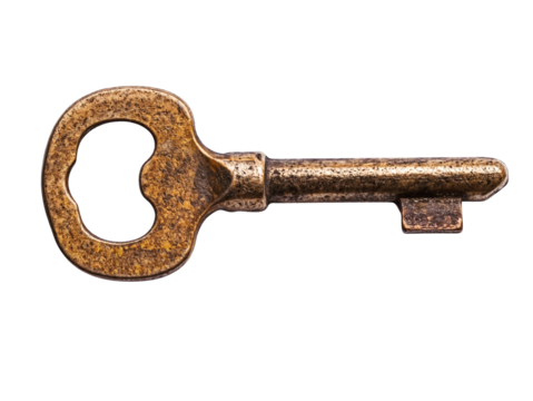 Old rusty brass key isolated over transparent background, PNG cut-out