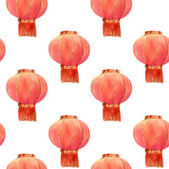 Chinese new year background. Seamless watercolor patterns with red and gold paper lantern for new year decorations, holidays wrapping paper, wallpaper, holidays textile