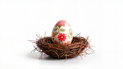 Obraz premium Floral egg resting in nest surrounded by white background