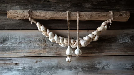 Garlic braid hanging from a rustic wooden hook, isolated with cozy farmhouse kitchen decor elements © fivan
