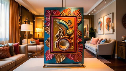 A colorful abstract sculpture, framed in a wooden frame, stands on a pedestal in a modern living room.
