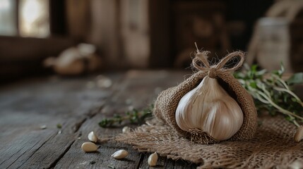 Garlic bulb tied with twine, resting on an old burlap sack with rustic wooden background elements and scattered herbs