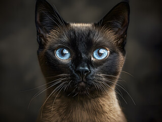 Siamese cat with bright blue eyes staring directly at the camera. Feline photography, cat portrait, animal close-up, captivating gaze