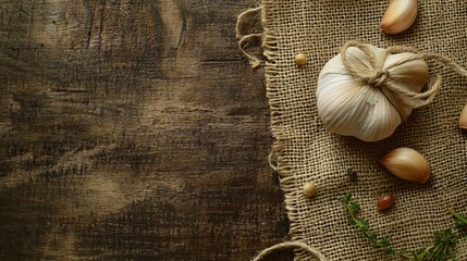 Garlic bulb tied with twine, resting on an old burlap sack with rustic wooden background elements and scattered herbs