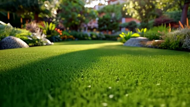 A close-up view of green grass in a backyard, with blurred foliage in the background