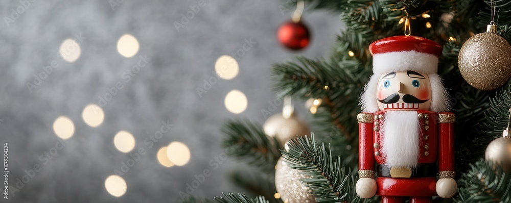Poster decorating a christmas tree with a nutcracker toy. the style of a new year 's card . blurred backgro