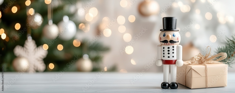 Poster decorating a christmas tree with a nutcracker toy. the style of a new year 's card . blurred backgro