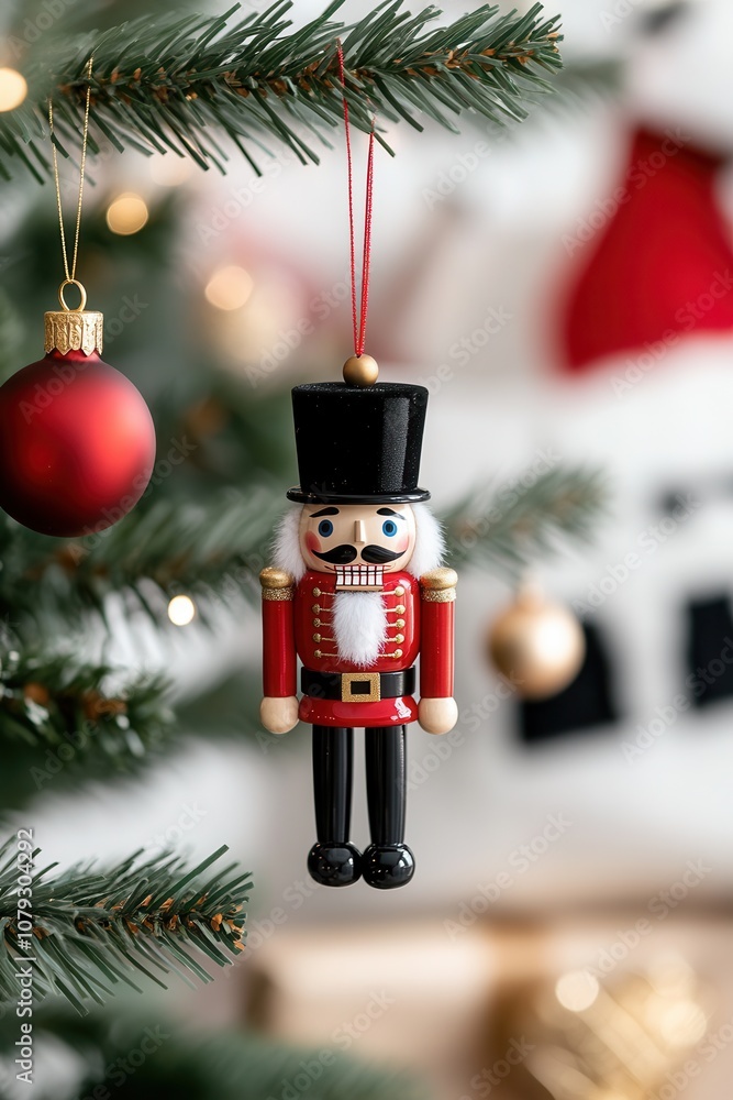 Poster decorating a christmas tree with a nutcracker toy. the style of a new year 's card . blurred backgro