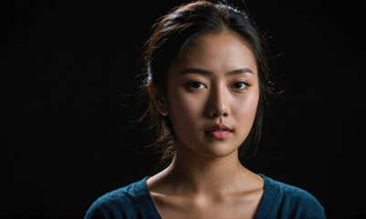 A young woman with dark hair stares intently at the camera, her expression serious