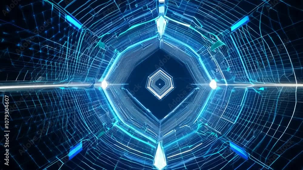 Poster dynamic blue tunnel showcasing digital network structures generative ai