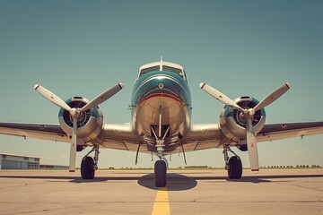 Fototapeta premium An iconic vintage aircraft parked on an airstrip under a clear blue sky, showcasing its elegant design and powerful engines, ready for a journey through the clouds