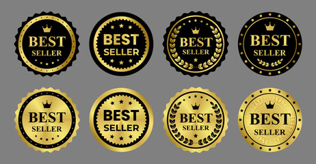 Set of gold stickers, template, label. Round shiny luxury premium vip metalic emblem Best Seller. Award, medal with crown, laurel branch, wreath. Isolated element on black background EPS10 Vector