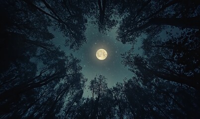 Fototapeta premium A nighttime forest canopy viewed from below, with the trees silhouetted against a starry sky and a full moon peeking through the branches