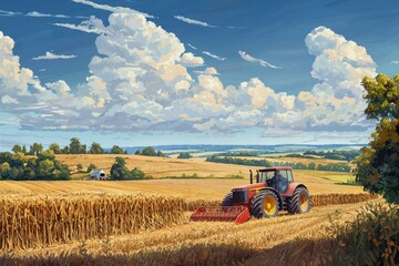Obraz premium A farm scene with a tractor driving through a field of corn