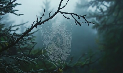 A spider web covered in morning dew hangs between two branches in a foggy forest