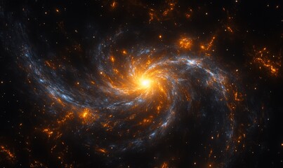 A swirling galaxy with orange and blue hues and a bright core against a starry black backdrop