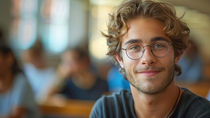 Bright and determined young man, showcasing intelligence and readiness, seated in a university classroom setting