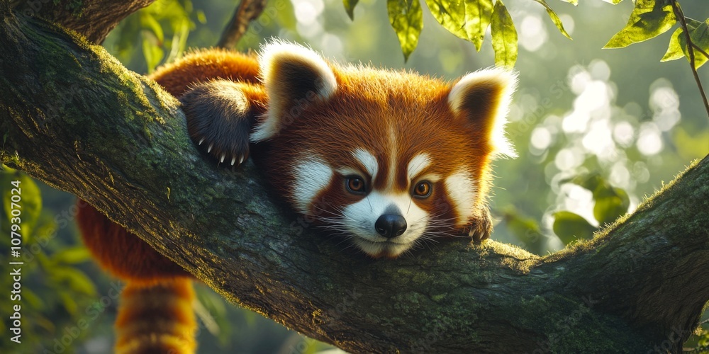 Poster a cute red panda rests on a tree branch. the image captures the playful yet serene nature of this ch