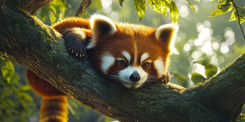 Fototapeta premium A cute red panda rests on a tree branch. The image captures the playful yet serene nature of this charming animal. Bright colors and soft light create a warm atmosphere. AI