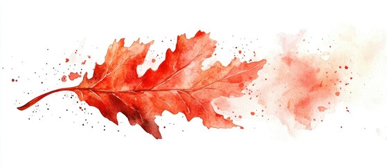 Watercolor painting of a red leaf with splatters isolated on a white background.