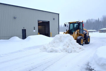 A snow plow is actively clearing a parking lot at an industrial building, removing heavy snow from the ground