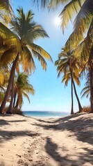 Palm trees silhouetted against a bright sky over sandy beach.