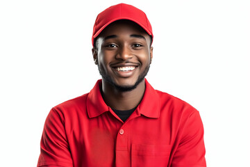Front-facing smiling delivery person in red uniform, isolated background