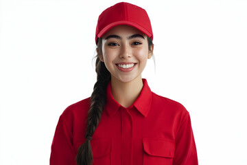 Front-facing smiling delivery person in red uniform, isolated background