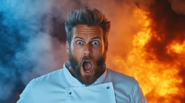 chef with a beard and striking blue eyes expresses shock as flames erupt behind him during an intense cooking challenge at a culinary event