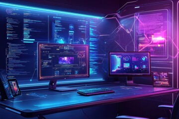 Naklejka premium A computer desk with two monitors and a keyboard