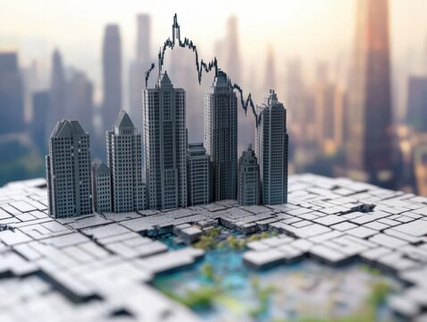 China real estate crisis with cityscape background. Overbuilding and debt concerns. Excessive debt, government regulations, and economic slowdown on China property market and urban development.