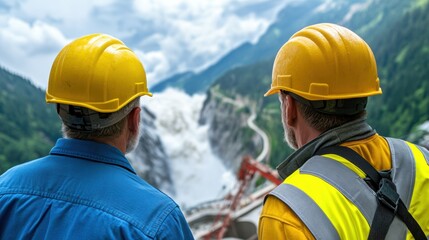 Two construction workers wearing yellow helmets and safety vests observe ongoing work at a dam site located in a mountainous area, surrounded by greenery and dramatic skies