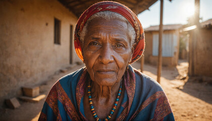 Naklejka premium An older woman in a colorful headscarf looks directly at the camera in front of a simple dwelling
