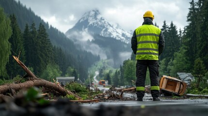 A rescue worker in a yellow vest stands on a debris-littered road, surveying the aftermath of a storm in a mountainous area under cloudy skies
