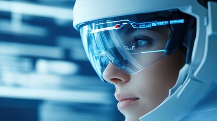 An engineer focuses intently while wearing advanced augmented reality glasses, immersed in data analysis within a modern laboratory filled with technology