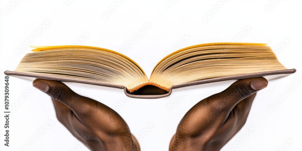 Poster a pair of hands holds an open book with pages ready to share knowledge. this symbolic image represen