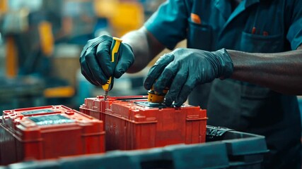 A worker in a factory uses a screwdriver to assemble a red battery