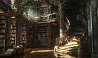 Fototapeta premium A grand, ornate library with towering bookshelves, a sweeping staircase, and a single beam of light illuminating the space
