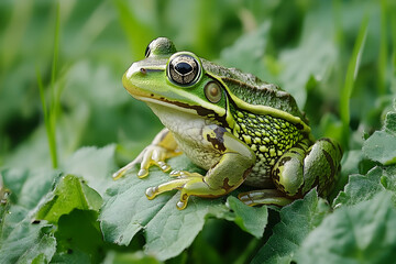 Obraz premium Green frog perched on a leaf, close-up shot