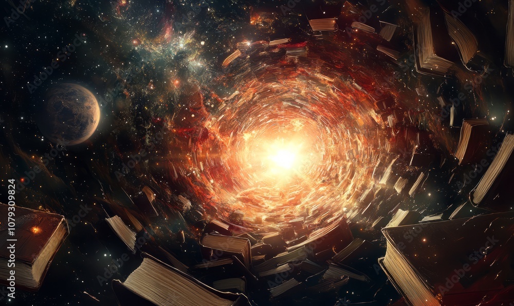 Poster a swirling vortex of knowledge and wisdom with a bright light at the center, surrounded by scattered