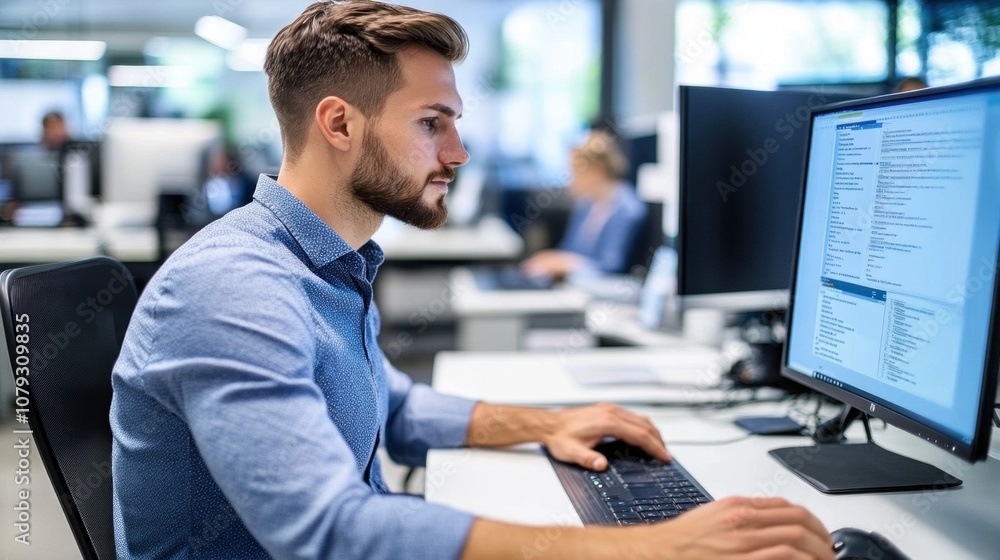 Poster a focused young man is typing on a keyboard while sitting at a computer in a contemporary office. he